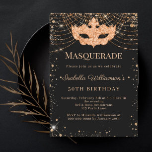 Invitación Fiesta de cumpleaños de oro negro de máscara