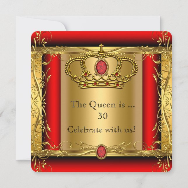 Invitación Fiesta de cumpleaños de oro rojo Reina o Rey Regal (Anverso)