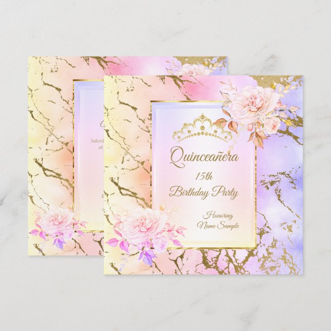 Invitación Fiesta de cumpleaños de oro rosa morado de Quincea (Anverso / Reverso)