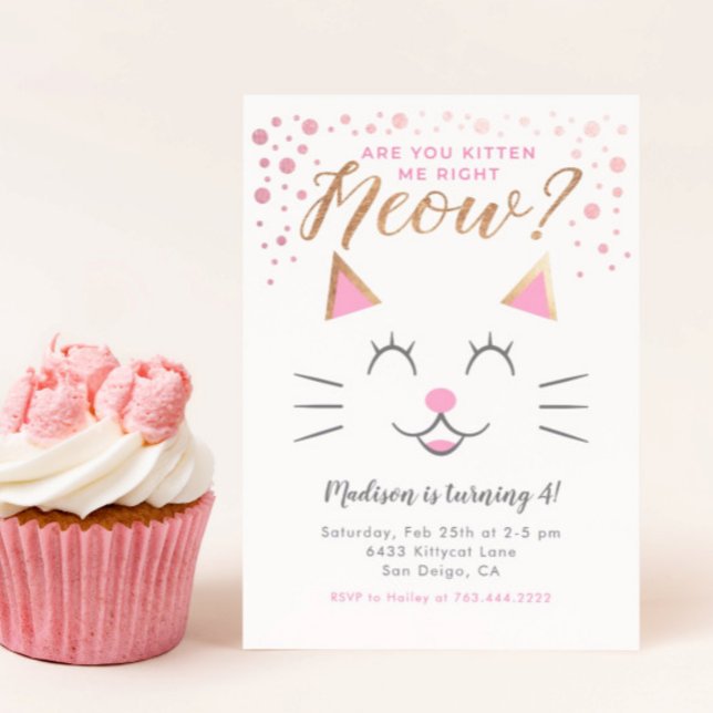Invitación Fiesta de cumpleaños de oro rosado para gato Kitty (Subido por el creador)