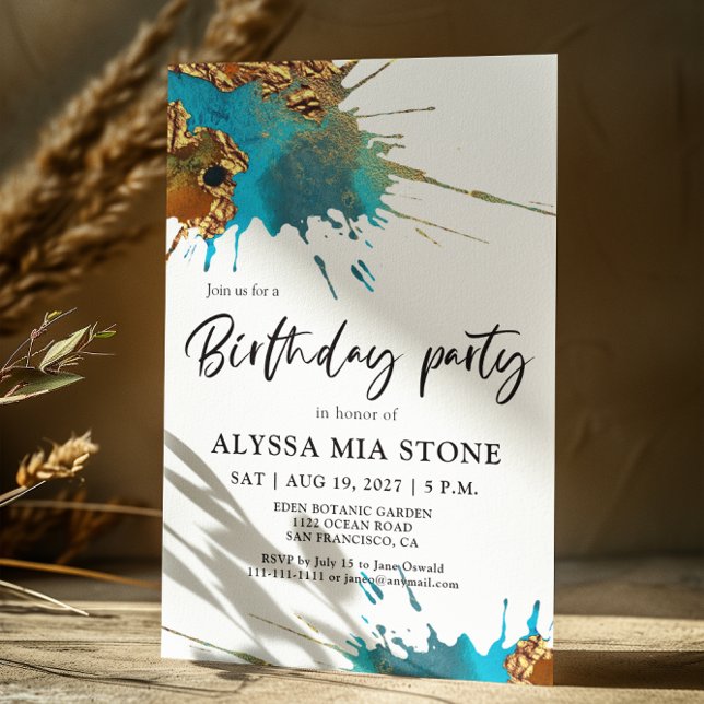 Invitación Fiesta de cumpleaños de oro Verde azulado artístic (Subido por el creador)