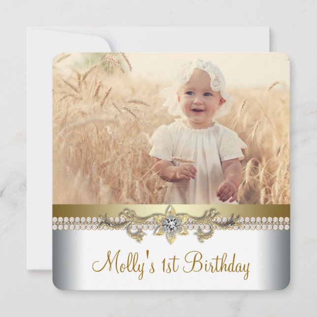 Invitación Fiesta de cumpleaños de oro y blanco bonita (Anverso)