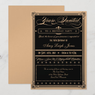 Invitación Fiesta de cumpleaños de oro y flor negro metálicos
