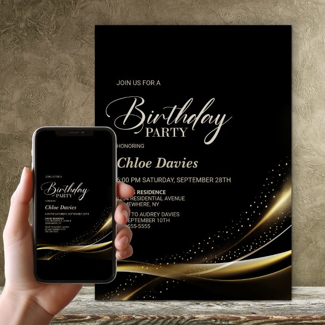 Invitación Fiesta de cumpleaños de oro y negro moderno (Subido por el creador)
