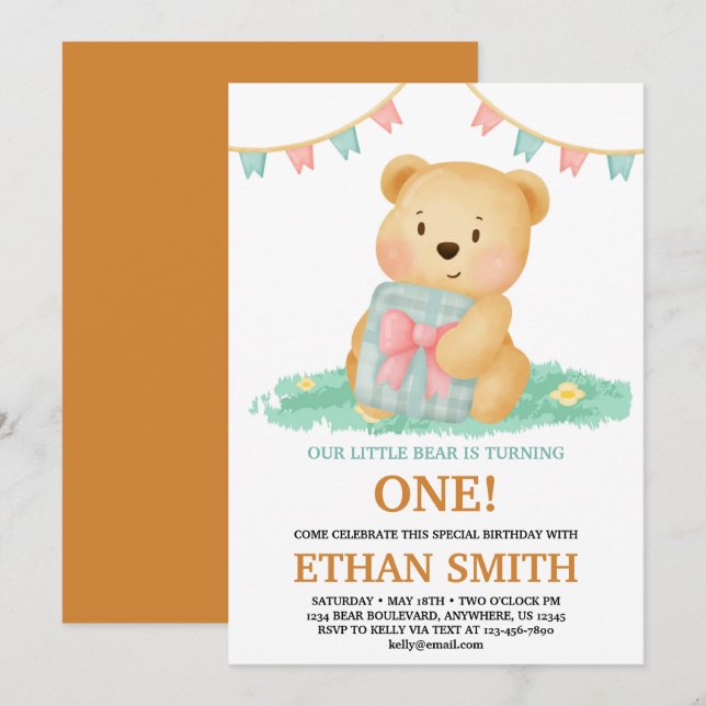 Invitación Fiesta de Cumpleaños de Osito de Peluche Adorable (Anverso / Reverso)
