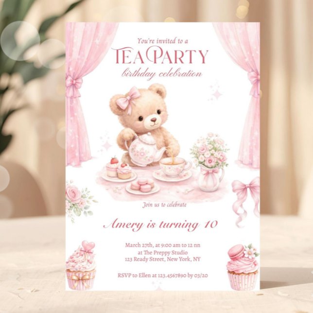 Invitación Fiesta de Cumpleaños de Osito de Peluche Rosa Vint (tea party invitation, teddy bear birthday, pink birthday invite, girl tea party, floral birthday inv)