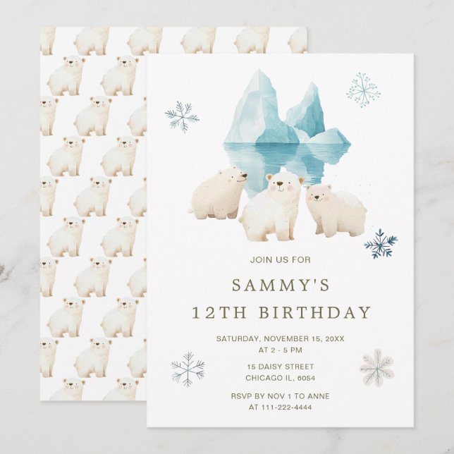 Invitación Fiesta de cumpleaños de ositos polares de invierno (Anverso / Reverso)