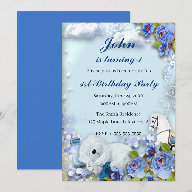 Invitación Fiesta de cumpleaños de Oso y Caballo de Teddy (Anverso / Reverso)
