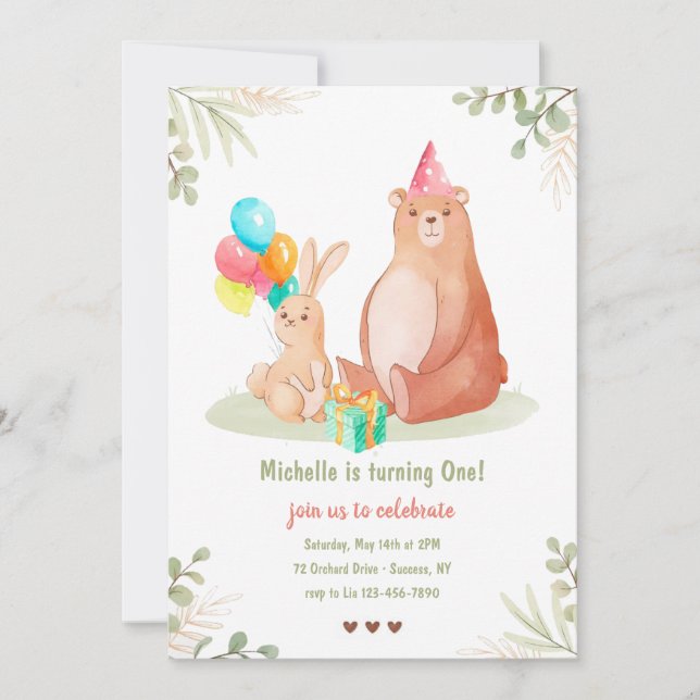 Invitación Fiesta de cumpleaños de oso y conejo (Anverso)