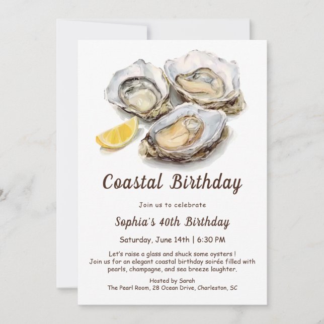 Invitación Fiesta de Cumpleaños de Ostra | Costa Elegante (Anverso)