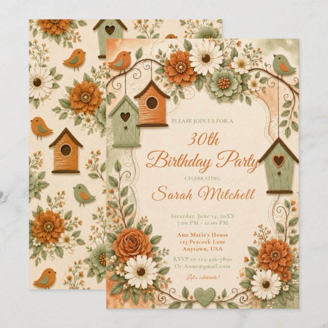 Invitación Fiesta de Cumpleaños de Otoño con Naranja Quemado  (Anverso / Reverso)
