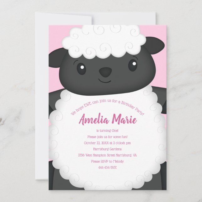 Invitación Fiesta de cumpleaños de oveja rosa (Anverso)