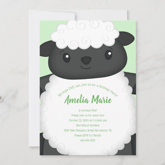 Invitación Fiesta de cumpleaños de oveja Verde (Anverso)