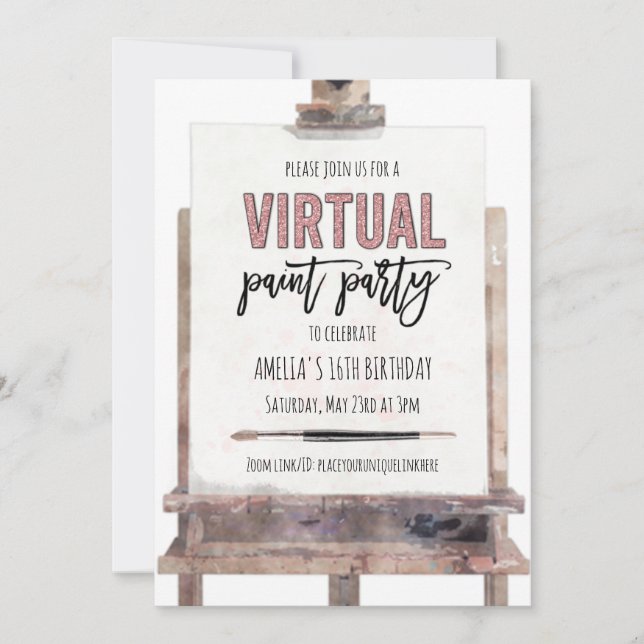 Invitación Fiesta de cumpleaños de Paint Party virtual con gl (Anverso)
