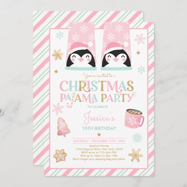Invitación Fiesta De Cumpleaños De Pajama, Navidades Rosa Y O (Anverso / Reverso)