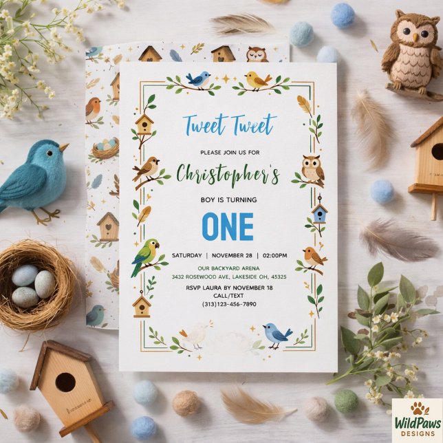 Invitación Fiesta de cumpleaños de pájaros lindos 1er cumplea (Cute Birds 1st Birthday Party – Fun Kids Invitation
)