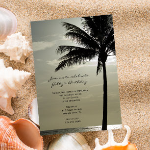 Invitación Fiesta de cumpleaños de Palm Tree Silhouette Beach