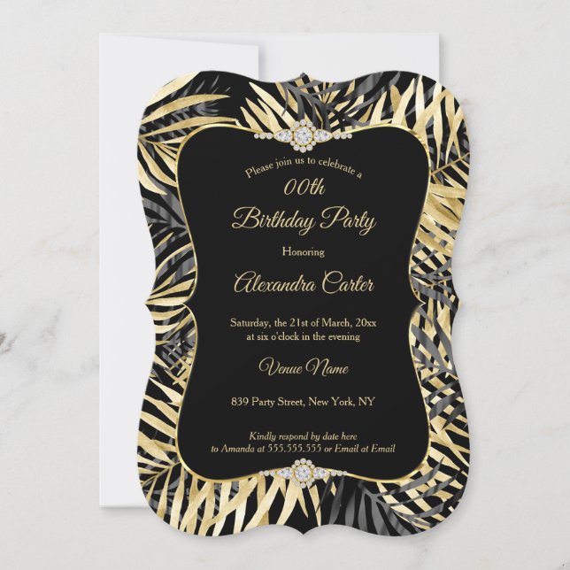 Invitación Fiesta de cumpleaños de palmas de oro gris negro d (Anverso)