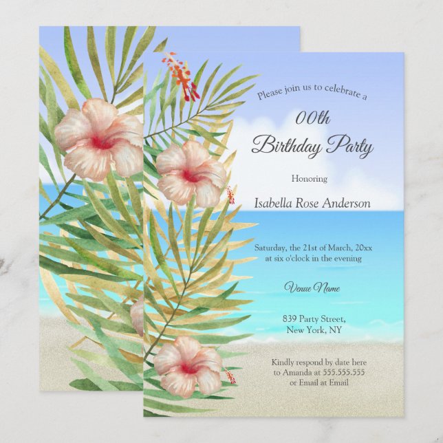 Invitación Fiesta de cumpleaños de palmera tropical de hibisc (Anverso / Reverso)