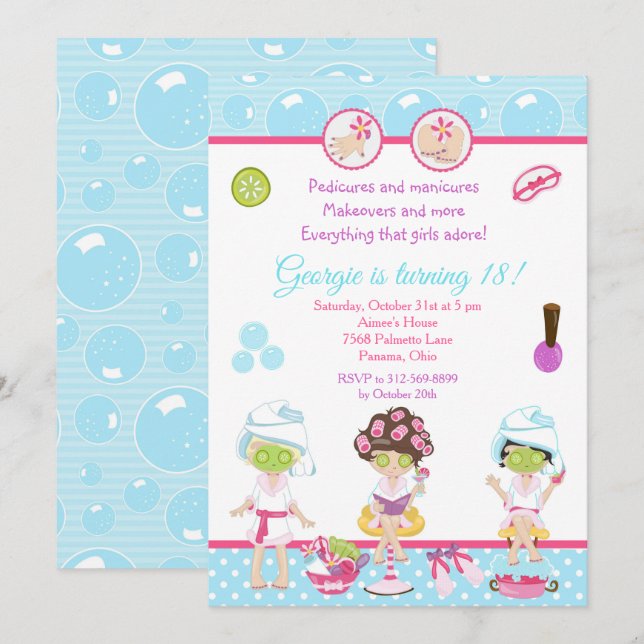 Invitación Fiesta de cumpleaños de Pamper, Chicas de Spa (Anverso / Reverso)
