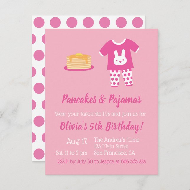 Invitación Fiesta de Cumpleaños de Pancakes y Pijamas de Luna (Anverso / Reverso)