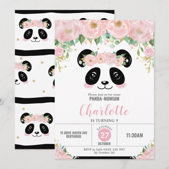 Invitación Fiesta de cumpleaños de Panda floral rosa (Anverso / Reverso)