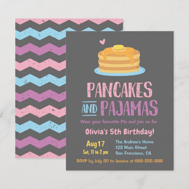 Invitación Fiesta de Cumpleaños de Panqueques y Pijamas Chevr (Anverso / Reverso)