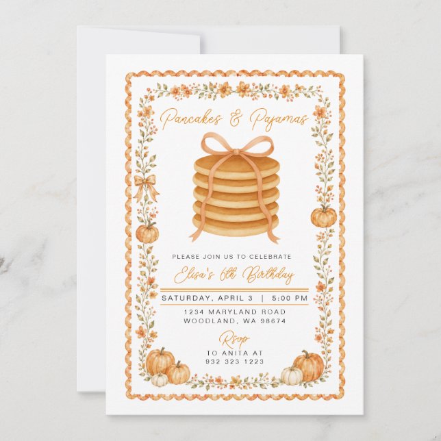 Invitación Fiesta de Cumpleaños de Panqueques y Pijamas de Ca (Anverso)