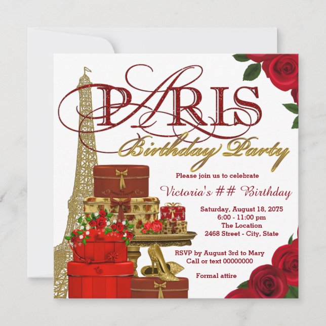 Invitación Fiesta de Cumpleaños de París en Rojo y Dorado (Anverso)