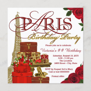 Invitación Fiesta de Cumpleaños de París en Rojo y Dorado