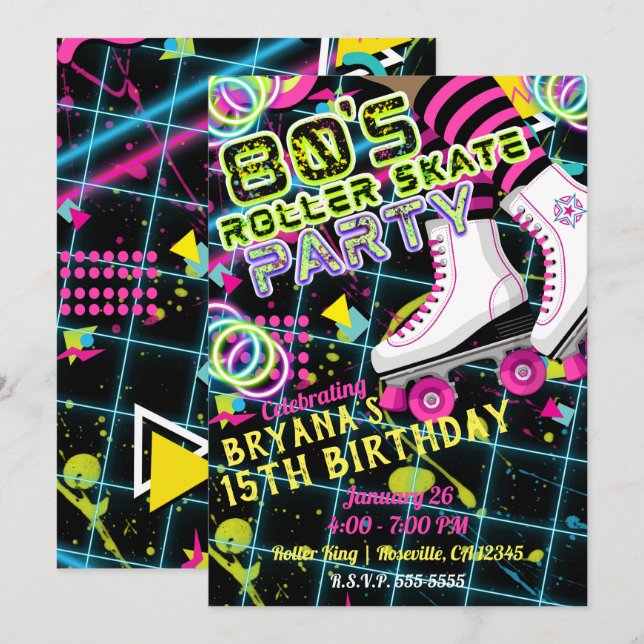 Invitación Fiesta de Cumpleaños de Patinaje Retro de los 80 (Anverso / Reverso)