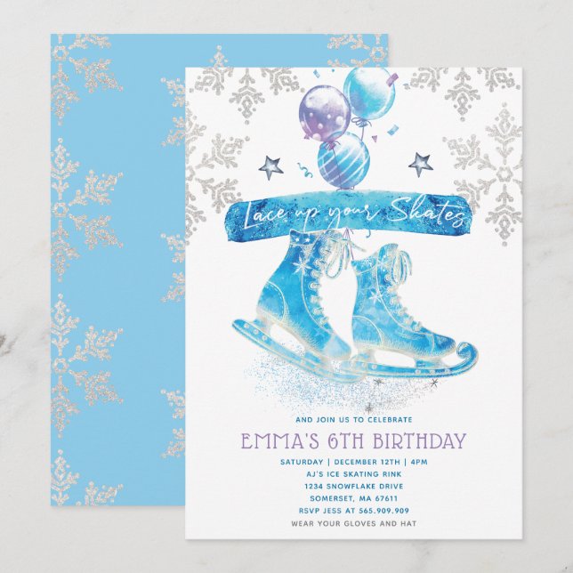 Invitación Fiesta de cumpleaños de patinaje sobre hielo (Anverso / Reverso)
