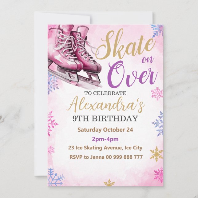 Invitación Fiesta de Cumpleaños de Patinaje sobre Hielo Rosa  (Anverso)