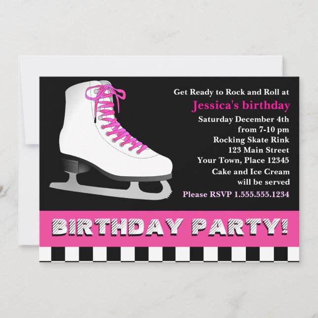 Invitación Fiesta de cumpleaños de patinaje sobre hielo rosa  (Anverso)