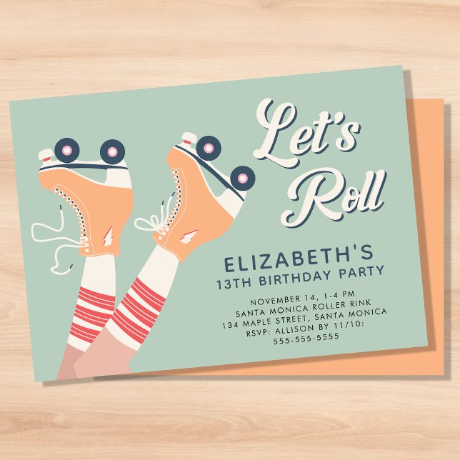 Invitación Fiesta de cumpleaños de patinaje sobre patinaje ar (A roller skating birthday party invitation with a retro vibe)