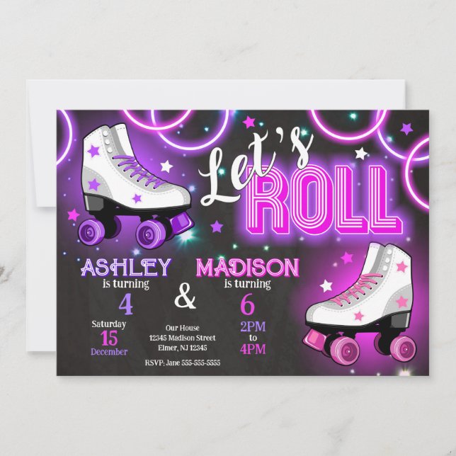 Invitación Fiesta de cumpleaños de patinaje sobre ruedas Neon (Anverso)