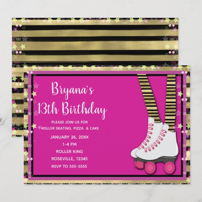 Invitación Fiesta de cumpleaños de patinaje sobre ruedas rosa (Anverso / Reverso)