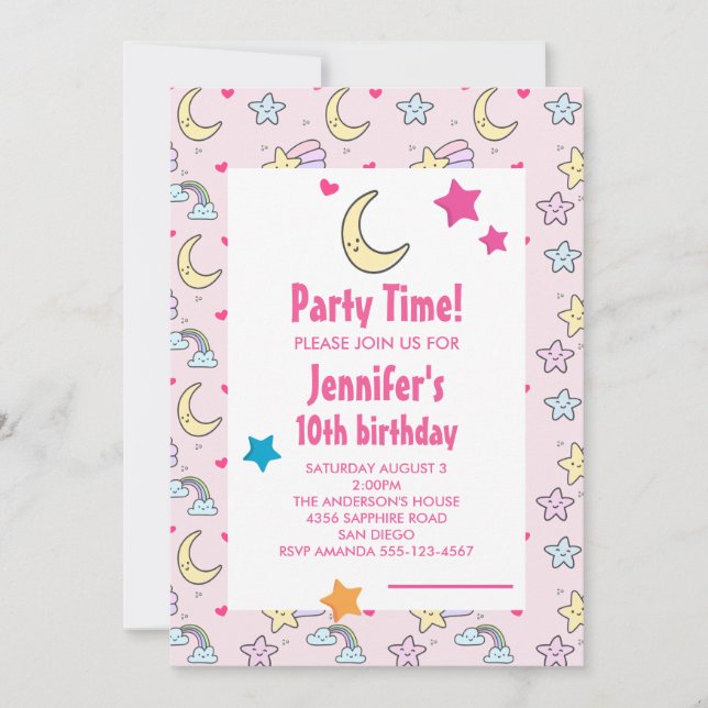 Invitación Fiesta de Cumpleaños de Patrón de Luna, Estrellas  (Anverso)