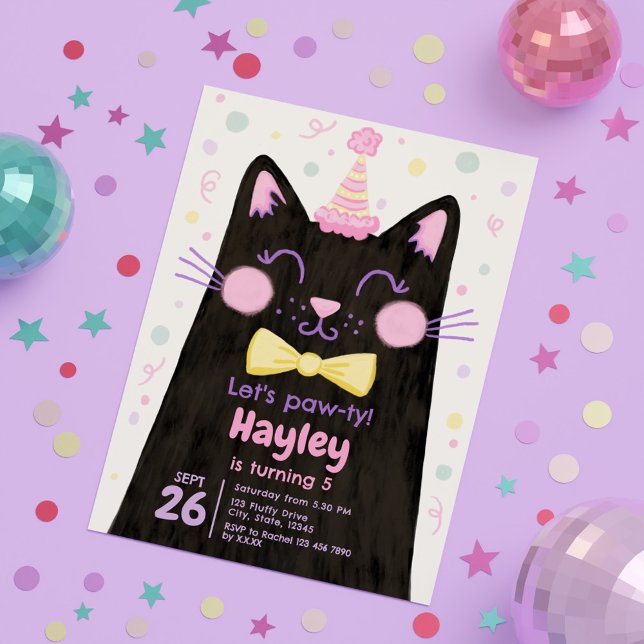 Invitación Fiesta de cumpleaños de pawty Kitty Black Cat (Let’s Pawty Kitty Black Cat Face Birthday Party Invitation)