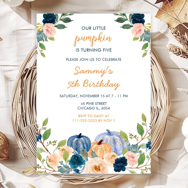 Invitación Fiesta de cumpleaños de Peach and Navy Blue Pumpki (Subido por el creador)