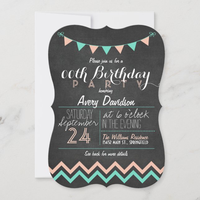 Invitación Fiesta de cumpleaños de Peach & Mint Green Chalkbo (Anverso)