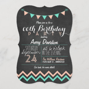 Invitación Fiesta de cumpleaños de Peach & Mint Green Chalkbo