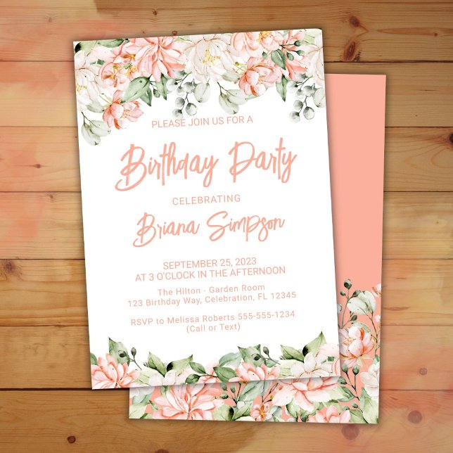 Invitación Fiesta de cumpleaños de Peach Rubor Ivory Floral (Subido por el creador)