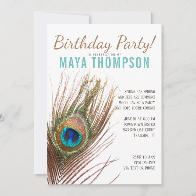 Invitación Fiesta de cumpleaños de Peacock Feather (Anverso)