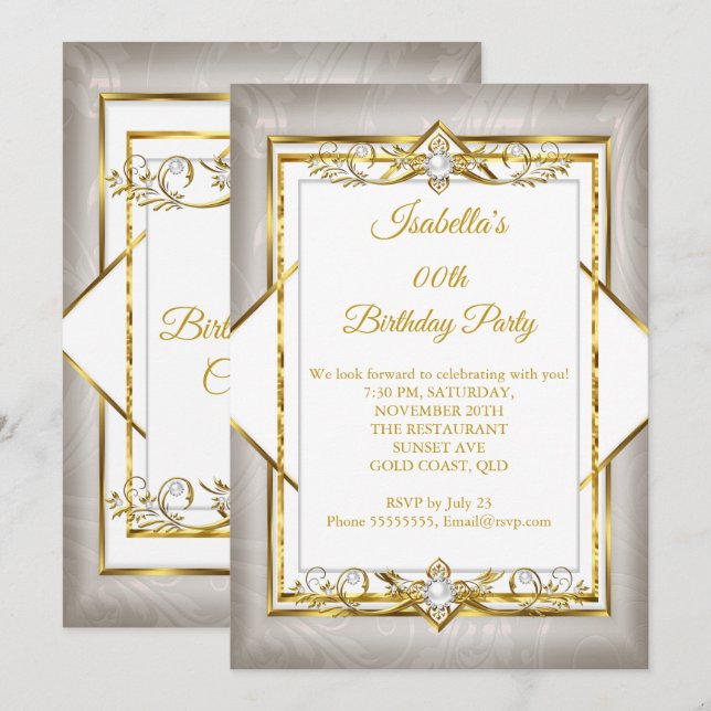 Invitación Fiesta de cumpleaños de Pearl Beige Gray Gold (Anverso / Reverso)