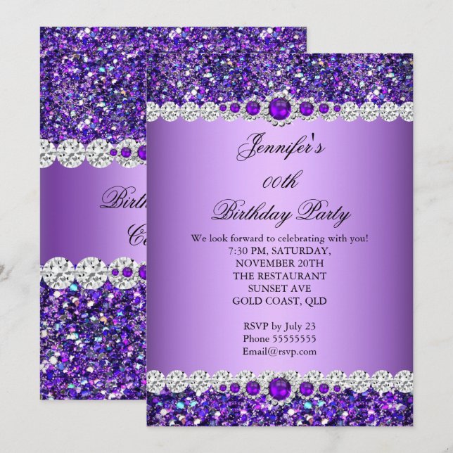 Invitación Fiesta de cumpleaños de Pearl Diamond Purpurina Pú (Anverso / Reverso)