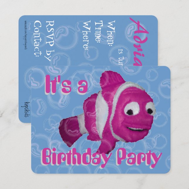 Invitación Fiesta de cumpleaños de peces rosados (Anverso / Reverso)
