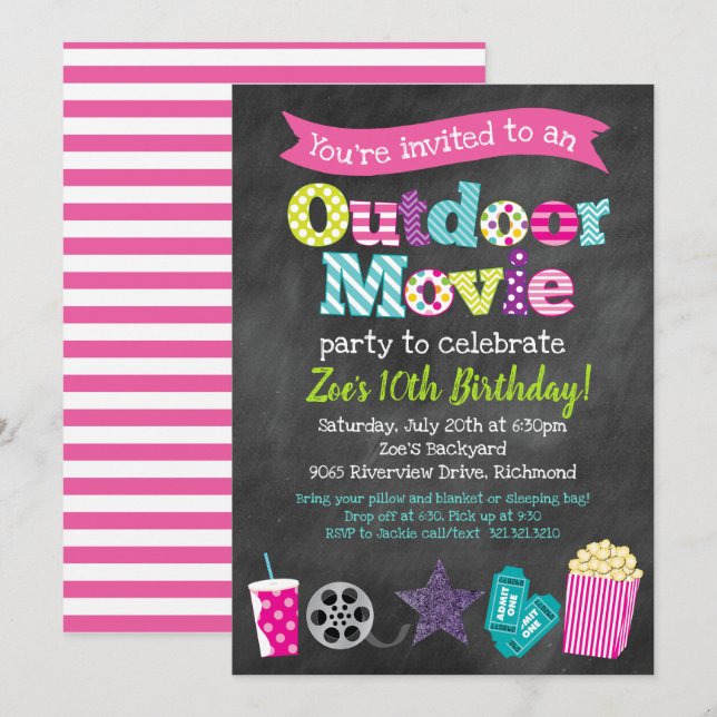 Invitación Fiesta de cumpleaños de película al aire libre (Ch (Anverso / Reverso)