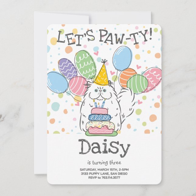 Invitación Fiesta de cumpleaños de pelo largo para gato persa (Anverso)