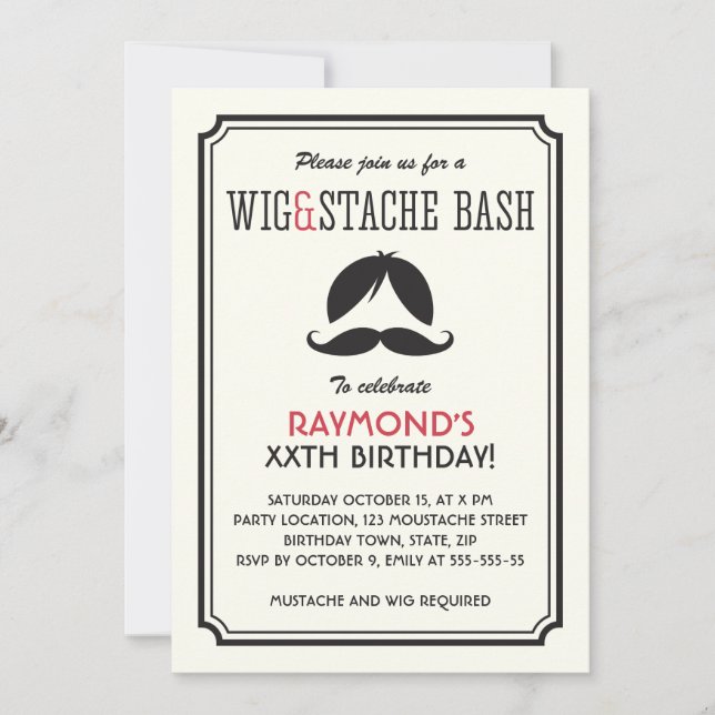 Invitación Fiesta de cumpleaños de peluca y bigote retro (Anverso)